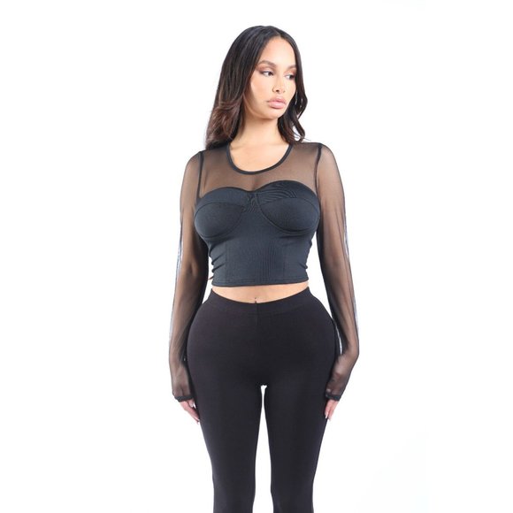 Women's Mesh Long Sleeve Blouse Top Scoop Neck Cropped Style Open Back Comfy - Picture 8 of 9